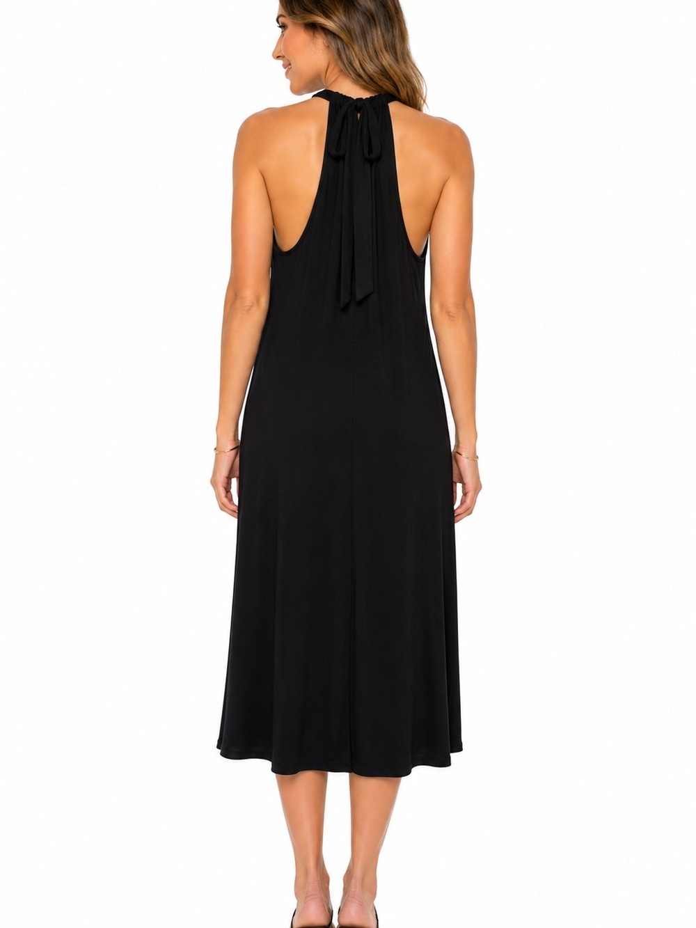 Green Envelope Black Halter Midi Dress with Front Slit - Picture 2 of 4
